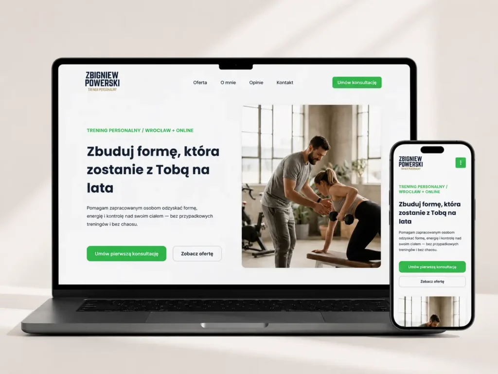 Projekt strony internetowej trenera personalnego na laptopie i telefonie