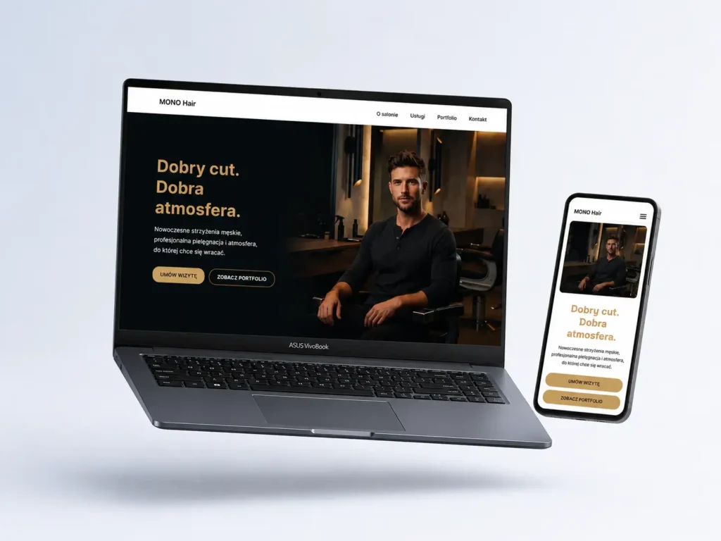 Mockup strony MONO Hair na laptopie i telefonie