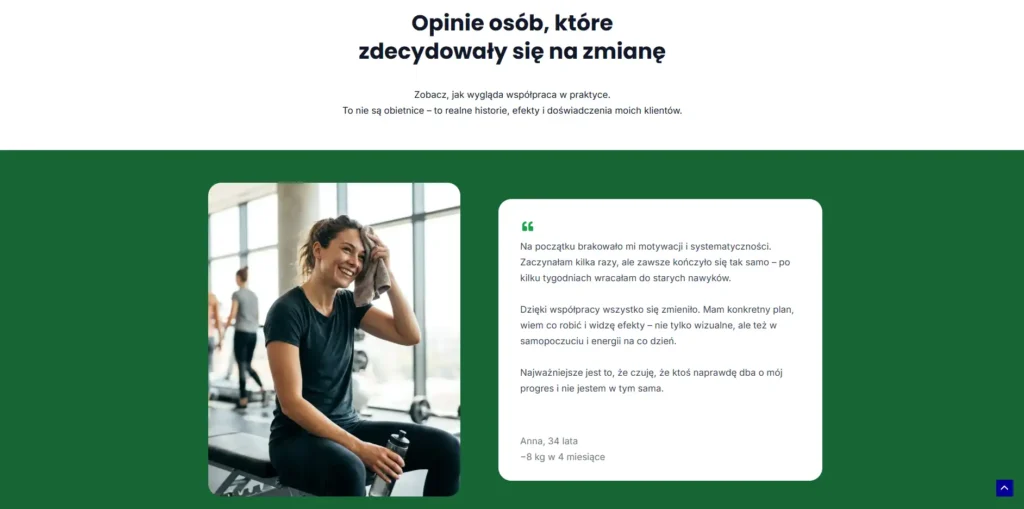 Sekcja opinii na stronie trenera personalnego